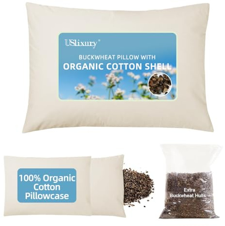 USlixury Organic Buckwheat Pillow for Sleeping with Extra Organic Pillowcase and Hulls, 16X22 Buckwheat Hull Pillow, Adjustable Height and Firmness, Firm Neck Support for Side Sleepers, Cool, White