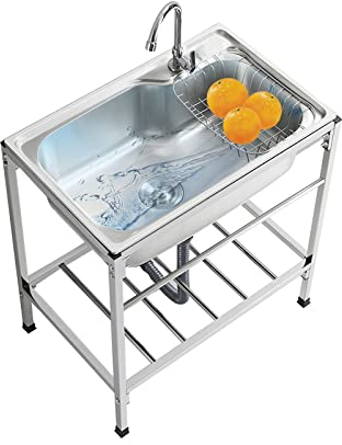 whalebee Küchenspüle Mit Wasserhahn, 304 Edelstahlspüle Spülbecken Für Außen Innen Waschküche Garten, Rostschutz, Multifunktions Waschtisch Mit Ständer, Mit Viel Zubehör, Leicht Zu Montieren