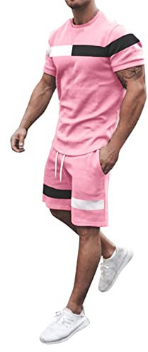 VaiKanhai Set pigiama da uomo, pigiama con top e corto in cotone a righe, estivo, in due pezzi, con tasche, Colore: rosa., XXL