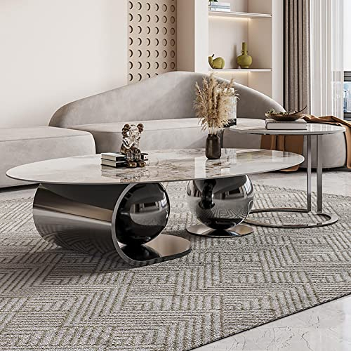 WestUx Marmor Modern Oval Set von 2 Couchtisch, Mitteltisch Edelstahl Luxus Desktop Robuste Minimalistische Heimmöbel für Wohnzimmer,B,130CM