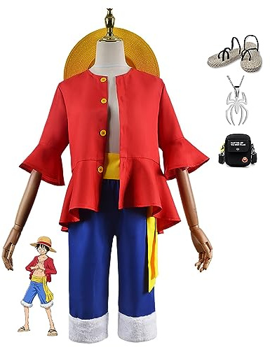 JOHLCR One Piece Monkey D. Luffy Anime Cosplay Costume with Necklace Props for Adults Halloween Carnival Party Dress Up Uniform Outfits Gift for Manga Lovers Suitable for Stage Play, Anime Expo,Red,L