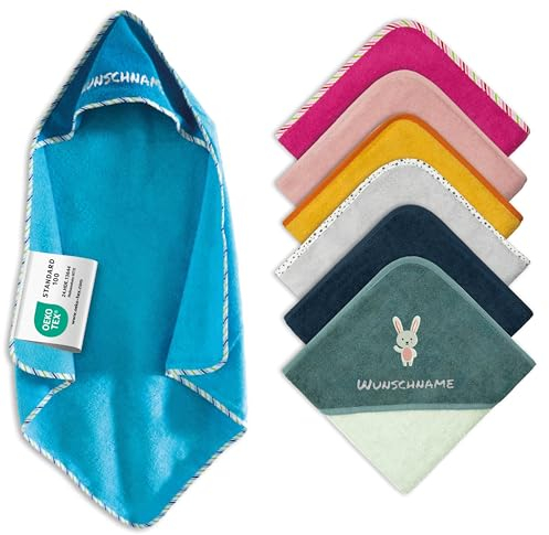 my STITCHERY Kapuzenhandtuch Baby mit Namen Bestickt, Oeko-TEX® Standard 100 - Personalisiertes Babyhandtuch mit Kapuze aus Reiner Baumwolle mit gesticktem Namen und Motiv (Petrol, 80 x 80 cm)