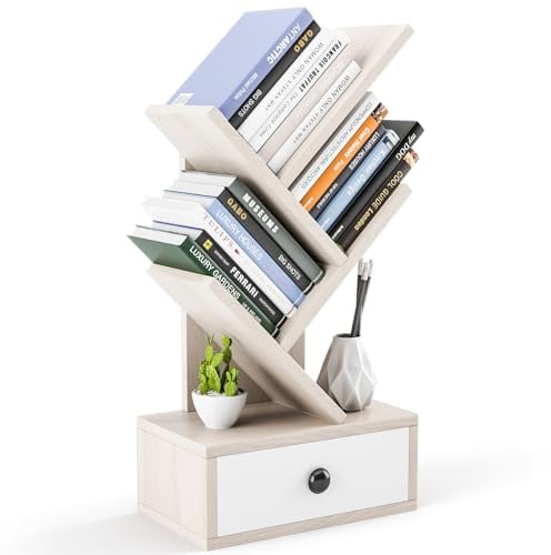 HOMASIS Libreria Scaffale ad Albero con Cassetto, Libreria Bianca a 4 Ripiani in Legno, Libreria Bassa e Moderna, Portalibri Salvaspazio da Soggiorno, Ufficio, 30 x 17,5 x 60cm