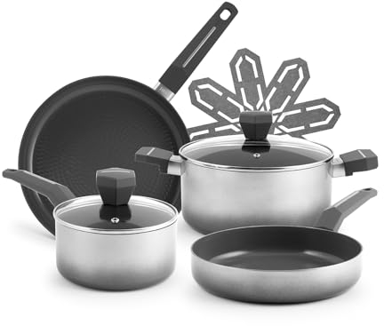 H&H Evolve Batteria, Set di Pentole, 8 Pezzi, Rivestimento Antiaderente Ceramico, Alluminio Riciclato