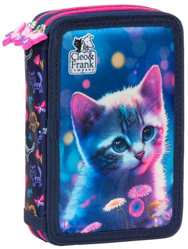 Derform Federmäppchen mit 2 Fächern, gefüllt, Motiv: Katze, Mehrfarbig, für Kinder