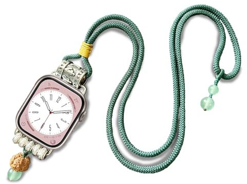 HMLXSH necklace adapter pendant compatible with Apple Watch, handmade creative lanyard connector with double wound wristband, Green Lanyard iWatch 8/7/6/5/4/SE/9 (38 40 41 mm)