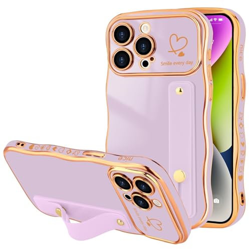 LLZ.COQUE for iPhone 14 Pro Max Case, Luxury Plating Love-Heart Wave Frame Shape Design, Adjustable Hand Strap Stand Cover, Shockproof Bumper Girls Women Phone Case for iPhone 14 Pro Max, Light Purple