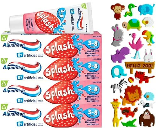 4 Pack Bundle Multipack - Aquafresh Splash Toothpaste 3-8 Years Strawberry 50ml - 4 Pack. A Hadco Bundle with Our Free Puffy Sticker Sheet (Sticker Sheets are Selected at Random) Kids Toothpaste.