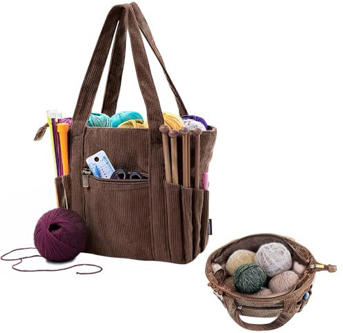 MOAMUN Häkeltasche Nähmaschinentasche mit Griff, Portable Handarbeitstasche TStricktasche mit Fächern, Häkel Zubehör Gehäkelte Tasche Häkelset Tasche von Projekten Wolle Stricken Crochet Tools (Brown)