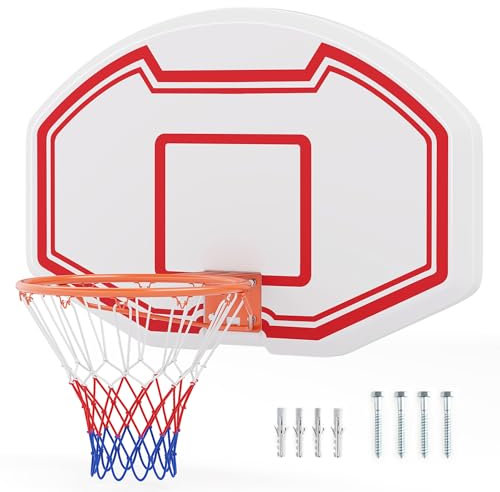 COSTWAY Panier de Basket Mural 45 cm avec Panneau Incassable, Panier Basket-Ball avec Filet Anti-Déchirure pour Enfants Adolescents Adultes Intérieur/Extérieur, 91 x 61 cm, Blanc+Rouge