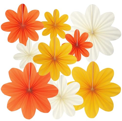 Paper Flowers Decorations, Kaluofan 9 PCS Paper Fans Party Decorations Hanging for Birthday Weddding Festival Carnival Mother's Day Summer Party (Rose Red Yellow White)