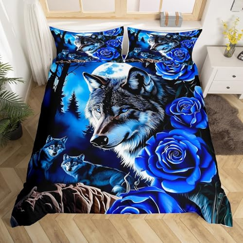 Homewish Wolf Bettwäsche Rose Bäume Nachthimmel Mond Wölfe Bettbezug Set 135x200 für Jungen Mädchen Teenager,Ästhetisch Wildtiere Bettwäscheset Modern Stilvoll Neuartig Tierliebhaber Zimmerdekor