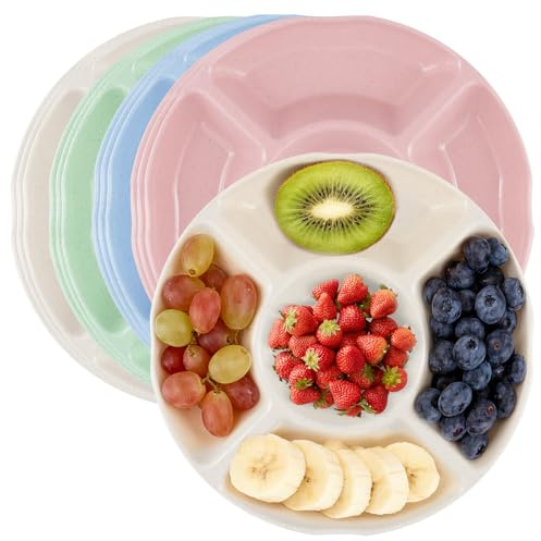 SYUTBOU 12 Platos de Aperitivos con 5 Compartimentos Forma de Flor 21 cm - Plástico Reutilizable Apilable para Fiestas, Reuniones, Buffet, Frutas, Nueces, Postres