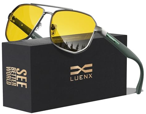 LUENX Aviator Sunglasses for Men Square Polarized Polygon Shades UV400 Sun Glasses 61mm,Yellow Lens Night Vision Driving Glasses