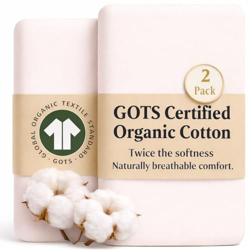 Bunnyjik GOTS Organic Crib Sheets 44x80cm, Premium Weight Luxurious Cotton 200gsm - Soft Combed Organic Cotton, GOTS Certified – 2 Pack Fitted Sheets 44 x 80 cm