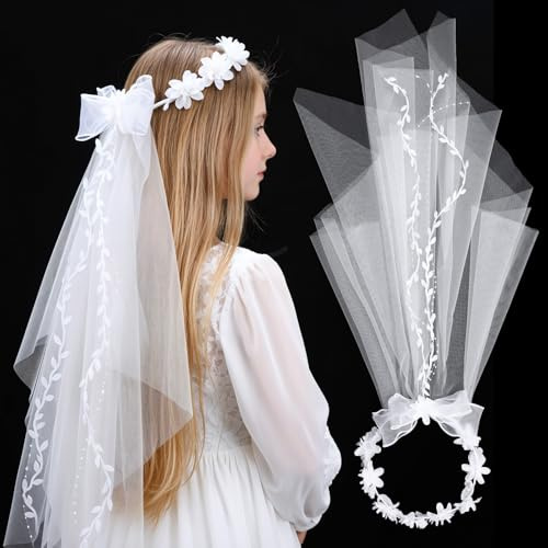 GEEHUA Haarschmuck Kommunion Mädchen, Blumen Stirnband Schleier Hochzeit Blumenmädchen Kopfschmuck, Weiße Blume Erstkommunion Schleier Kopfschmuck Mit Perlen Haarschmuck Kommunion