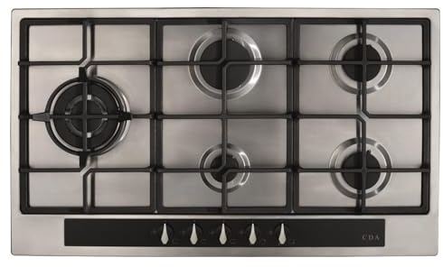 HG9351SS Five Burner Gas Hob – 86cm Stainless Steel Hob with Cast Iron Pan Supports, Wok Burner, Front Controls, Flame Failure Safety Device, LPG Convertible, Stylish Built-In Design