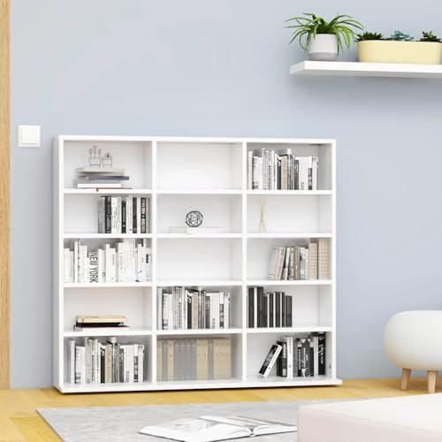 Mokuyary CD-Regal Weiß 100x23x89,5 cm Holzwerkstoff, Regal Aufbewahrung mit 15 Fächern für CDs, DVDs, Ständer Vitrine Medienaufbewahrungsschrank Bücherregal für Schlafzimmer, Wohnzimmer Büro