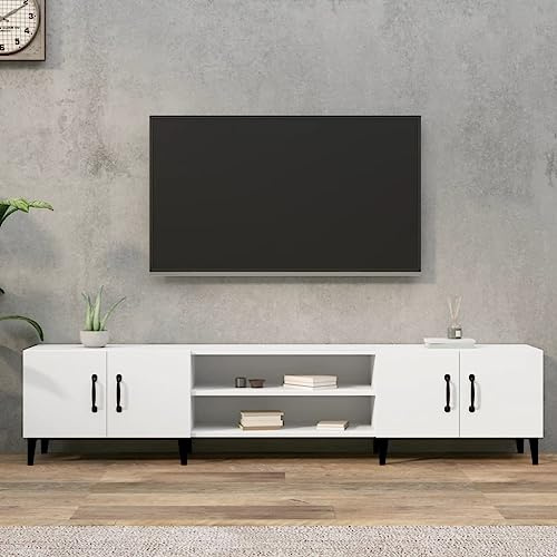 Meuble TV Blanc Moderne 180 cm avec 4 Portes, Étagère Média en Bois d'Ingénierie Durable pour Salon et Salle à Manger, Design Épuré avec Pieds en Métal Stable, Rangement Télé et Déco