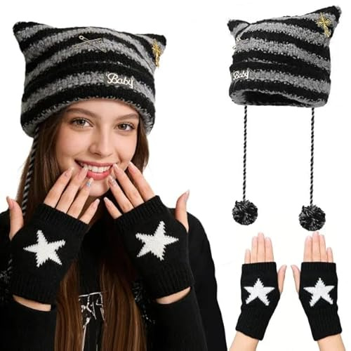 GYIOFAI 2 Stück Mütze Damen Katzenohren mit fingerlosen Handschuhen, Damen Winter Strickmütze Warme Elastisches Beanie Mütze Y2k Katze Ohr Mütze für Mädchen Damen (Schwarz)