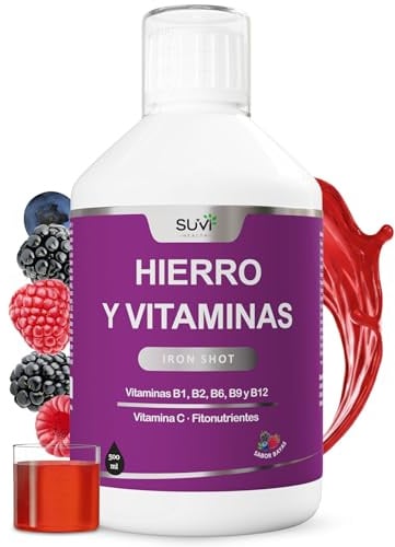 Hierro Suplemento y Vitamina C, B6, B9, B12 - Reduce el Cansancio y la Fatiga, Máxima Absorción Líquida, Fácil y Rápido de Tomar - Apto para Adultos y Niños, Sabor Frutos Rojos, 500 ml (25 a 50 días)