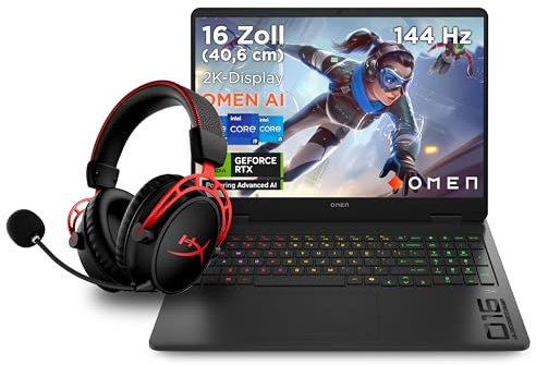 OMEN Gaming Laptop, 16 2K WUXGA Display, 144Hz, Intel Core i7-14650HX, NVIDIA GeForce RTX 5060, 16GB RAM, 1TB SSD, Win 11, RGB QWERTZ, Black, 3 Monate GamePass + HyperX Cloud Alpha Wireless Headset