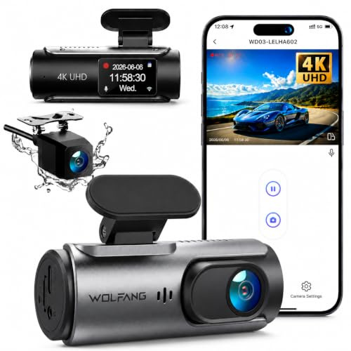 WOLFANG 4K Dash Cam Front and Rear WiFi Dashcam, Dual Car Camera Dash Cam with Super Night Vision, Loop Recording, G-Sensor, 170 Wide Angle, Parking Guard, APP Control