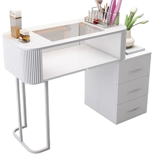 Mesa de manicura profesional con almacenamiento de doble capa, cajones y parte superior de cristal transparente para uso en salón y spa