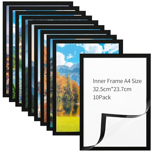 10PCS A4 Magnetic Sign Holder, Black A4 Magnetic Frame Self Adhesive Wall Mount Photo Display Frames for Paintings Notices Certificate Poster