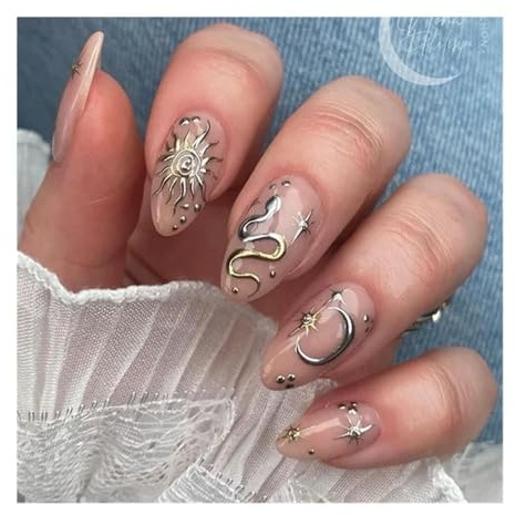 24 Pezzi Di Unghie Finte Rosa Cipria Mandorla Stile Punk Argento Farfalla Decorazione Stella Stampa Sul Chiodo Decorazioni Per Manicure(Y2)