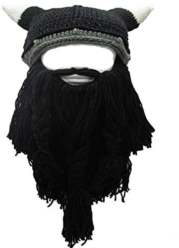 YEKEYI Wikingerbart-Mütze, Horn, Winter, warme Maske, gestrickte, lustige Kappe aus Wolle, Horn schwarz, Einheitsgröße