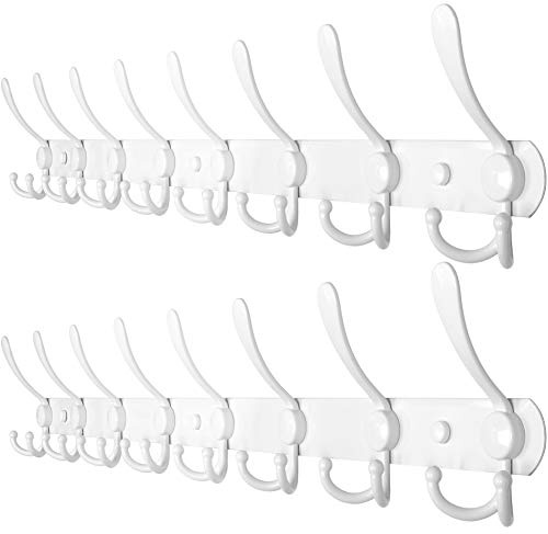 WEBI Coat Rack Wall Mounted Long,8 Tri Hooks for Hanging,75 cm Hook Rack,Hook Rail,Coat Hanger Wall Mount for Clothes,Jacket,Hats,White,2 Packs