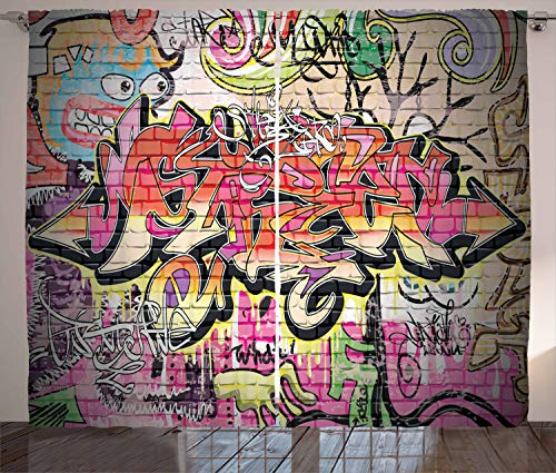 ABAKUHAUS urban Graffiti Rustikaler Vorhang, surreal Malerei, Wohnzimmer Universalband Gardinen mit Schlaufen und Haken, 280 x 225 cm, Pink Aqua