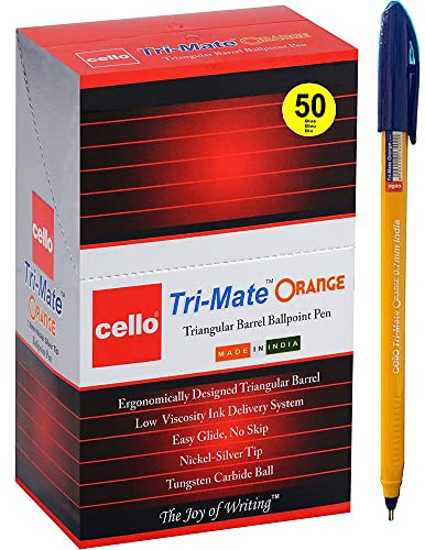 Cello Tri-Mate Orange Ballpoint Pens Medium Point Biro, (Blue, Pack of 50)