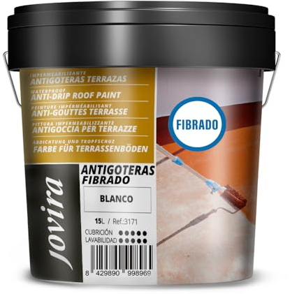 JOVIRA PINTURAS Pintura Impermeabilizante Antigoteras fibrado. Revestimiento Elástico, para Terrazas, Paredes, Medianeras y Tejados. (15 Litros, Blanco) A-45B