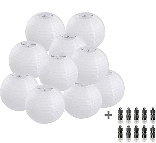 FullBerg 10 farolillos de papel blanco de 30 cm con 10 luces LED de color blanco cálido, pantalla redonda, lámpara de techo para fiestas, decoración de papel, 12 pulgadas