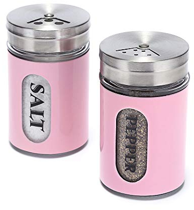 Salt and Pepper Shakers Stainless Steel and Glass Set with Adjustable Pour Holes (Pink)