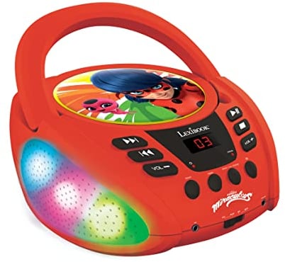 Lexibook - Miraculous Ladybug Chat Noir - Lecteur CD Bluetooth pour Enfants - Portable, Effets Lumineux, Prise Micro, Entrée aux-in, Pile ou Secteur, Filles, Garçons, Rouge - RCD109MI