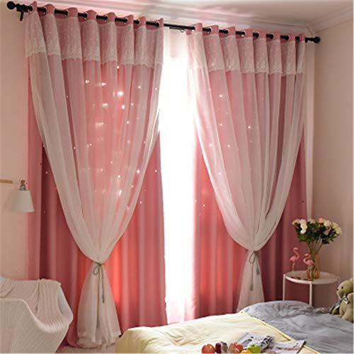 EXQULEG Doppelschicht Blackout Vorhänge Gardinen Mädchen Vorhang Aushöhlen Sterne Gemustert Prinzessin Stil Vorhang für Wohnzimmer Schlafzimmer Kinderzimmer (Rosa,158 × 132cm (H × B))