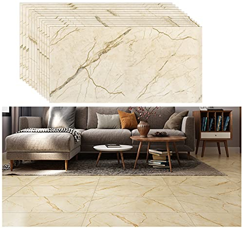 VEELIKE Pavimento PVC Adesivo Marmo Giallo 12 Pezzi 60 cm x 30 cm Adesivi per Piastrelle Cucina Piastrelle Adesive Pavimento Bagno Adesivi per Pavimenti Soggiorno Autoadesivo Impermeabile Rimovibile