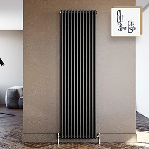 ELEGANT 3 Column Radiator Cast Iron Style 1800 x 560mm Vertical Triple Bar Tall Upright Traditional Grey Radiator with Angled Pair of Thermostatic Chrome Valves