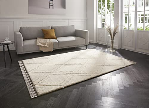 Mint Rugs Colin Teppich Hochflor Wohnzimmer-Teppich Weich Flauschig Langflor Shaggy Flokati Skandi Rauten Muster für Küche Flur oder Schlafzimmer Hoch-Tief Struktur Creme 80x150 cm