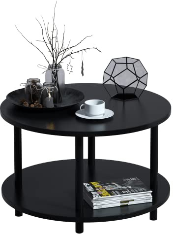 Vanrohe Petite table basse ronde avec rangement ouvert pour petit espace, table centrale en bois noir à 2 niveaux pour salon, pieds en métal, facile à assembler