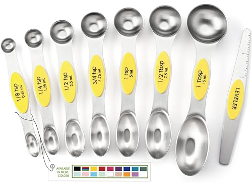 Spring Chef Yellow Stainless Steel Magnetic Measuring Spoons Set of 8 with Leveler, Dual Sided Metal Teaspoon & Tablespoon Measuring Spoons, Kitchen Gadgets for Baking & Cooking, Fits in Spice Jars