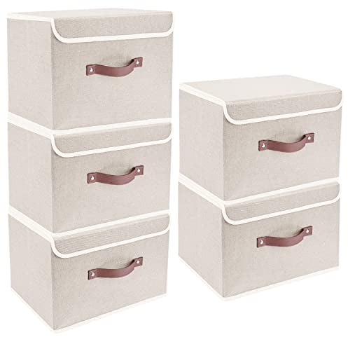 TYEERS Scatole Portaoggetti Tessuto, Lavabile, Scatole con Coperchio Pieghevole, 38x25x25 cm, Set di 5, Beige