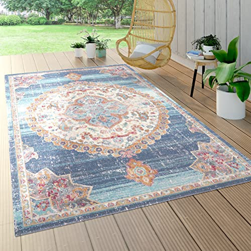 Paco Home Outdoor Teppich Wetterfest Wohnzimmer Balkon Küche Schlafzimmer Orient Muster Modern Bordüre Blau Beige, Grösse:200x280 cm