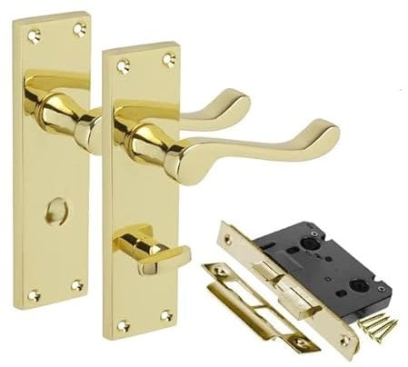 Golden Grace Victorian Scroll Bathroom Door Handles with 64mm Bathroom Lock Set in Polished Brass Finish, Classic Interior Doors Hardware