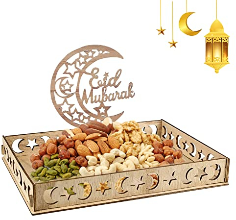 IWTBNOA Plateau en Bois Eid Mubarak, Ramadan Mubarak Plateaux, Plateau À Dessert Ramadan, Plateau à Dessert En Bois Eid Mubarak, Ramadan Vaisselle Étoile de Lune, Plateau en Bois Ramadan (Style C)