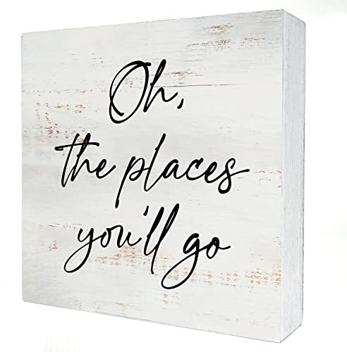 Oh the Places You'll Go Wood Box Schild Home Decor Rustikales Kinderzimmer Zitat Holzbox Schild Block Plaque für Wand Tischplatte Schreibtisch Zuhause Kinderzimmer Dekoration 12,7 x 12,7 cm
