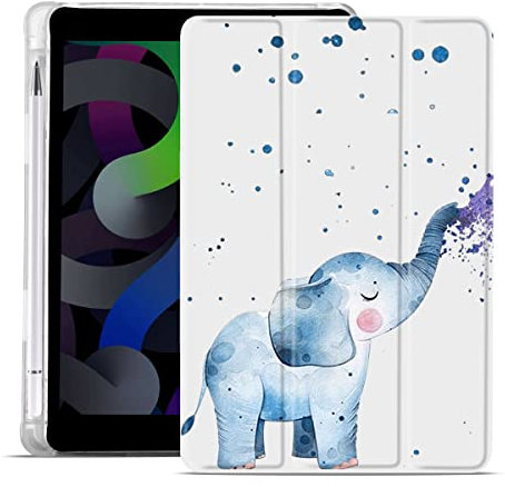 MAYCARI Cartoon Blue Elephant iPad Air 4 Case with Pencil Holder, Support Auto Sleep/Wake, Soft TPU Back Protective Case for iPad 10.9 inch 2020